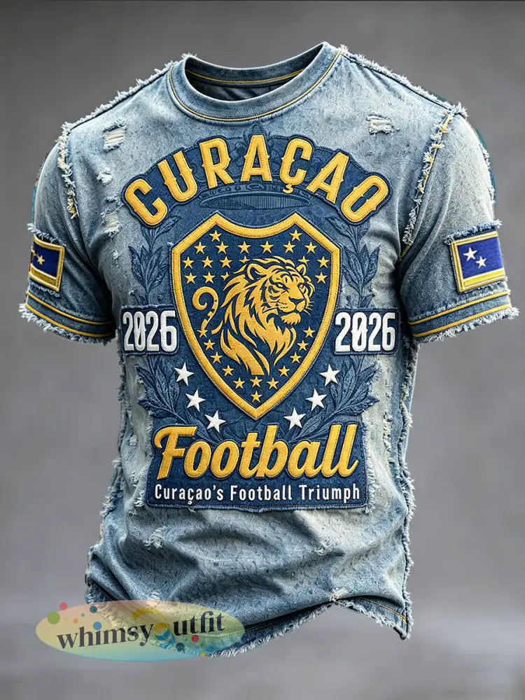 Heren T-shirt Curaçao 2026 denimprint casual - Blauw / S