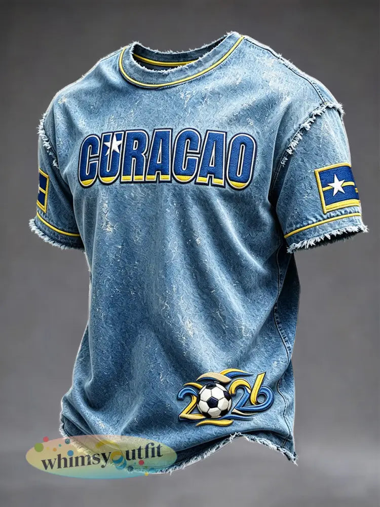 Heren T-shirt in blauw met Curaçaose voetbalinspiratie en denimprint casual stijl - Blauw / S