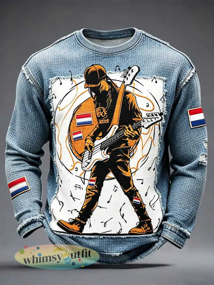 Heren T-shirt in denimlook met patchworkprint en lange mouwen casual rockstijl - Blauw / S