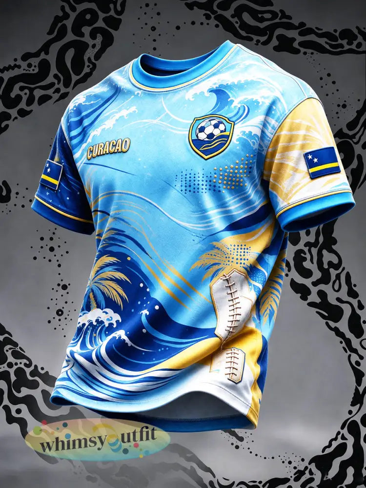 Heren T-shirt in hemelsblauw met Curaçao-voetbalprint casual stijl - Veelkleurig / S