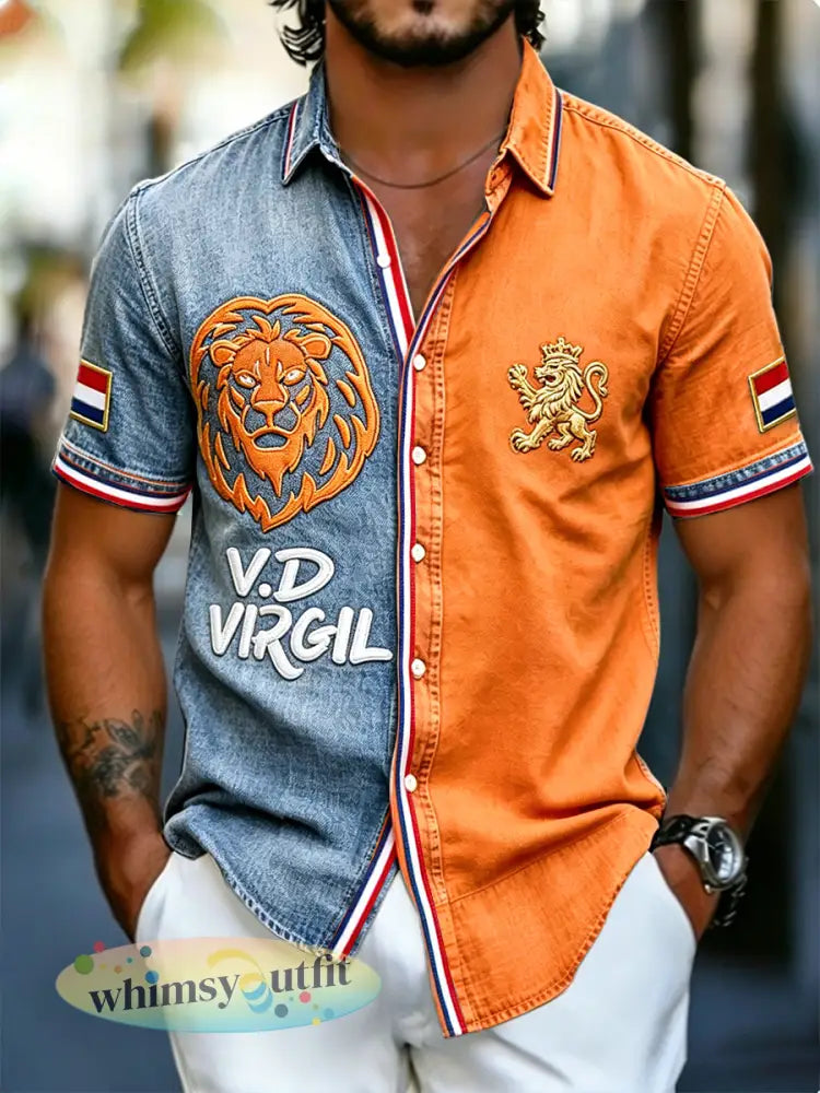 Heren T-shirt in Nederlandse voetbalstijl met denim patchworkprint en korte mouwen casual model - Veelkleurig / S