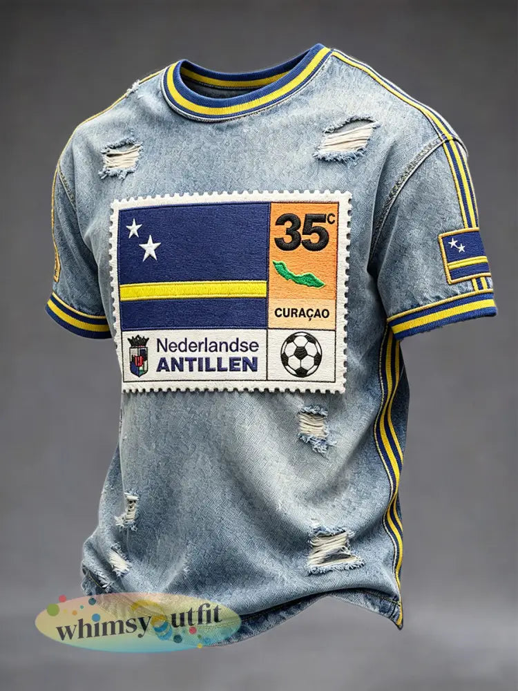 Heren T-shirt in vintage denimstijl met patchworkprint casual - Blauw / S