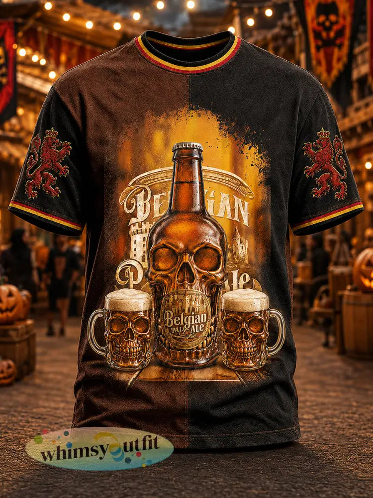 Heren T-shirt met Belgisch bier en Halloween-print vintagestijl loszittend korte mouwen - Zwart-Geel / S