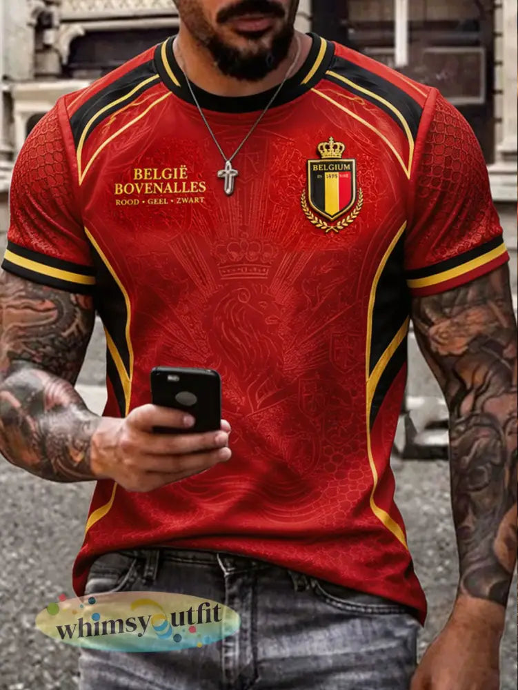 Heren T-shirt met Belgische-Pride-kunstprint - Rood / S