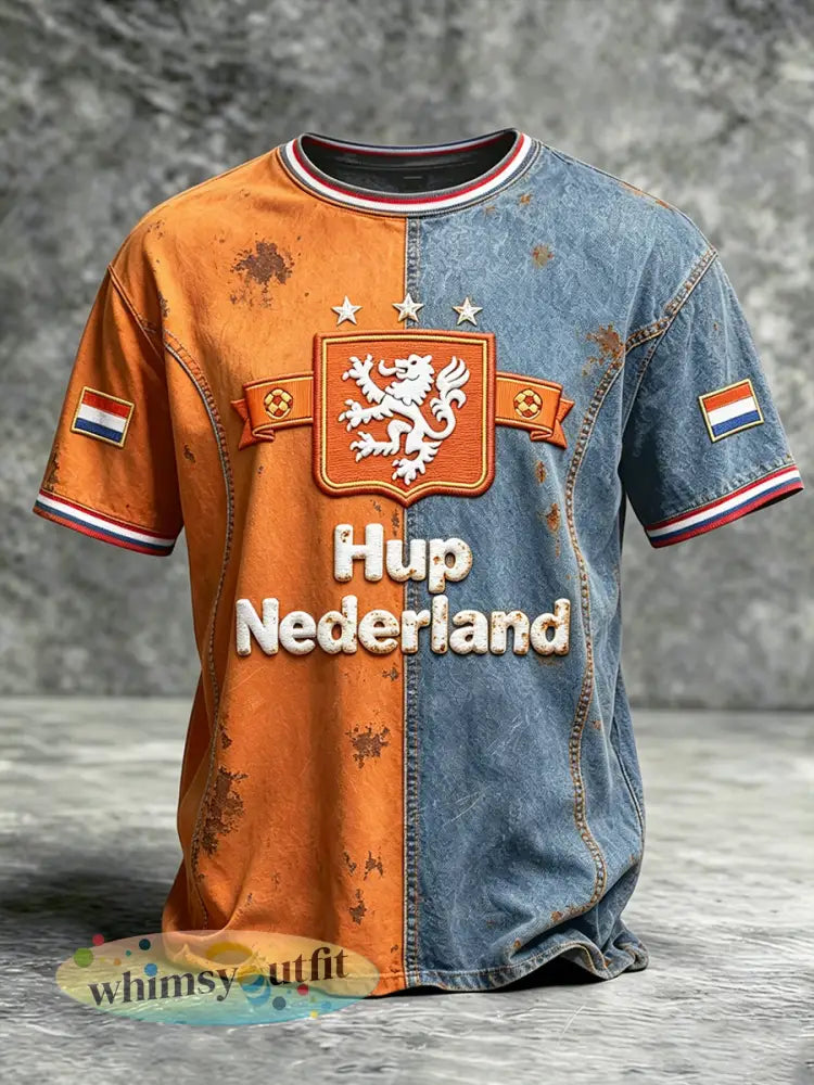 Heren T-shirt met casual patchworkprint ‘Hup Nederland!’ - Veelkleurig / S
