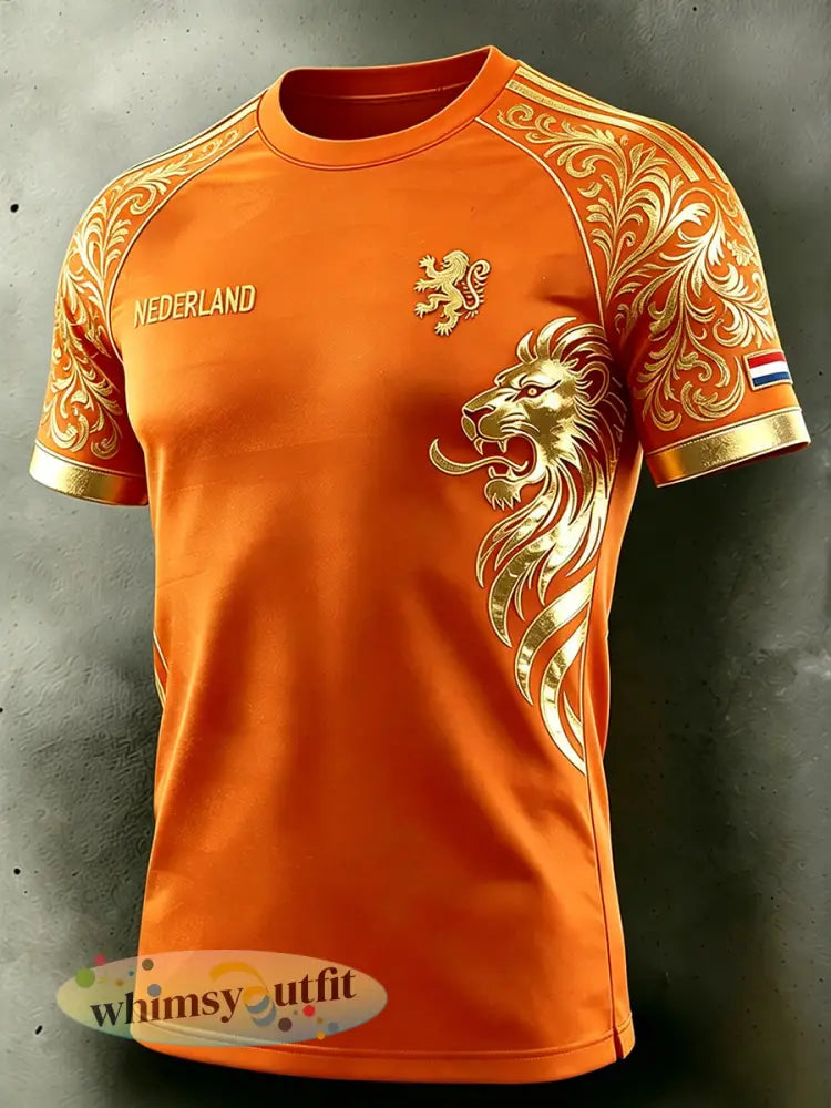Heren T-shirt met gouden leeuwendessin en raglanmouwen - A / S