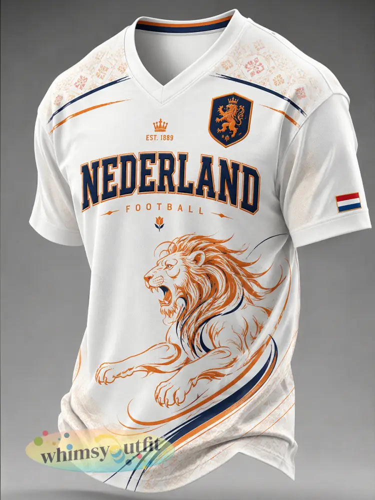 Heren T-shirt met leeuwenprint voetbalthema casual korte mouwen en V-hals - A / S
