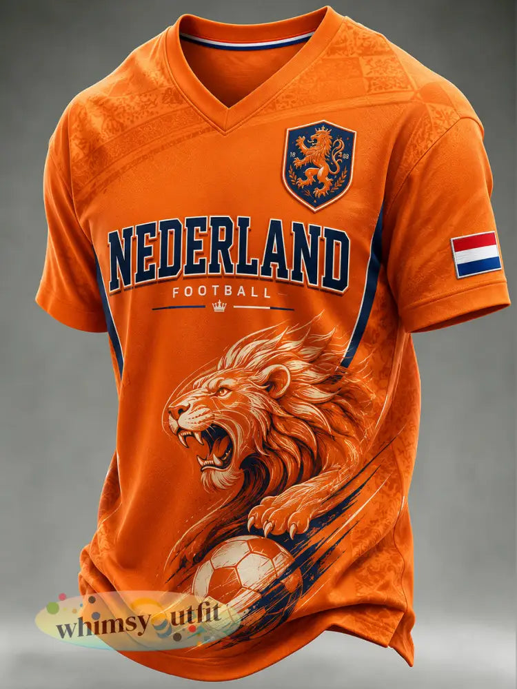 Heren T-shirt met leeuwenprint voetbalthema casual korte mouwen en V-hals - A / S