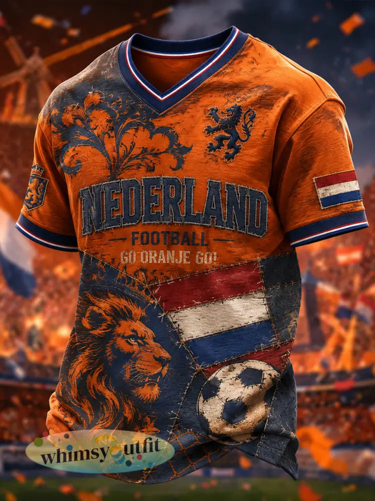 Heren T-shirt met retro voetbalprint en korte mouwen met leeuwenmotief - A / S