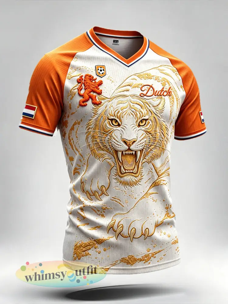 Heren T-shirt met tijgerprint vrijetijdskleding schouderloos ontwerp en V-hals voor voetbal in Nederland - Romig-Wit / S