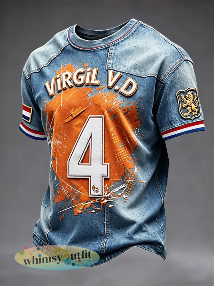 Heren T-shirt Nederlands voetbal nr. 4 Virgil van Dijk denim patchworkprint casual - Blauw / S
