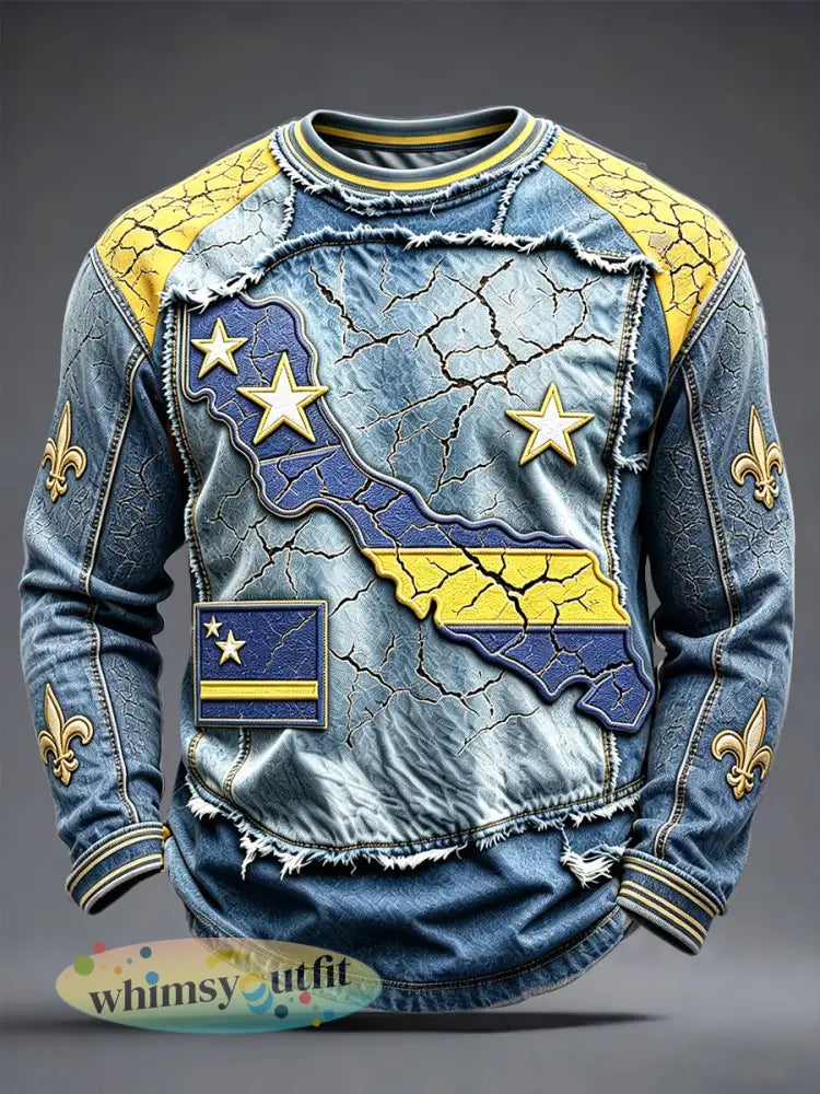 Heren T-shirt van Curaçaos denim met patchwork en 3D-print casual lange mouwen - Blauw / S
