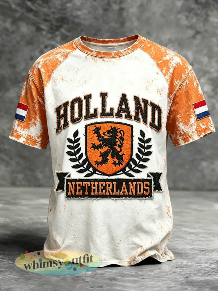 Heren vintage Holland patchworkprint casual t-shirt - Romig-Wit / S