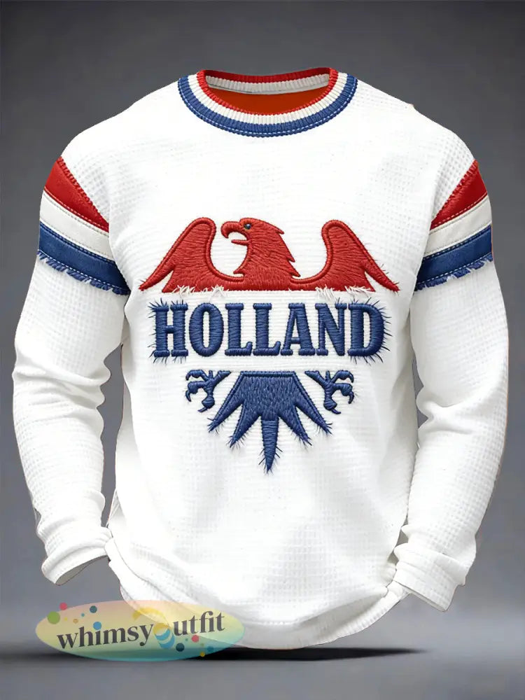 Heren Wit Nederlandse Vlag Patchwork Print Casual Lange Mouw Waffle Weave T-shirt - Wit / S