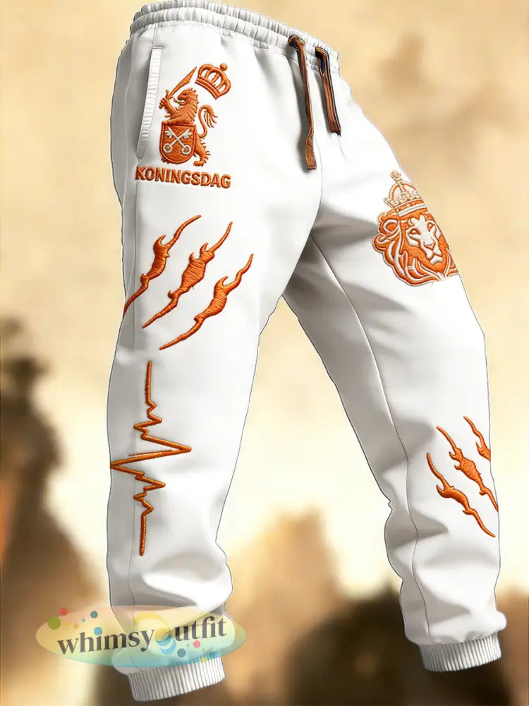 Heren witte Koningsdag-print casual sportbroek - Wit / S