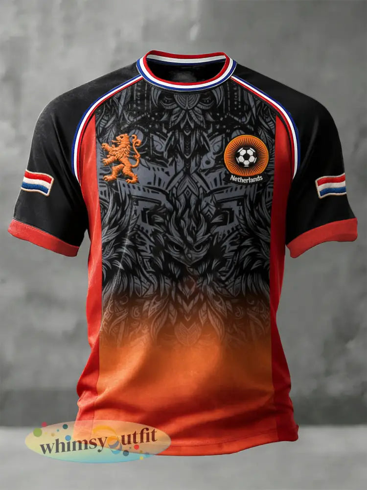 Heren Zwart Gradiënt Holland 2026 Voetbalprint Casual Drop-Shoulder Jersey T-shirt - Zwart / S