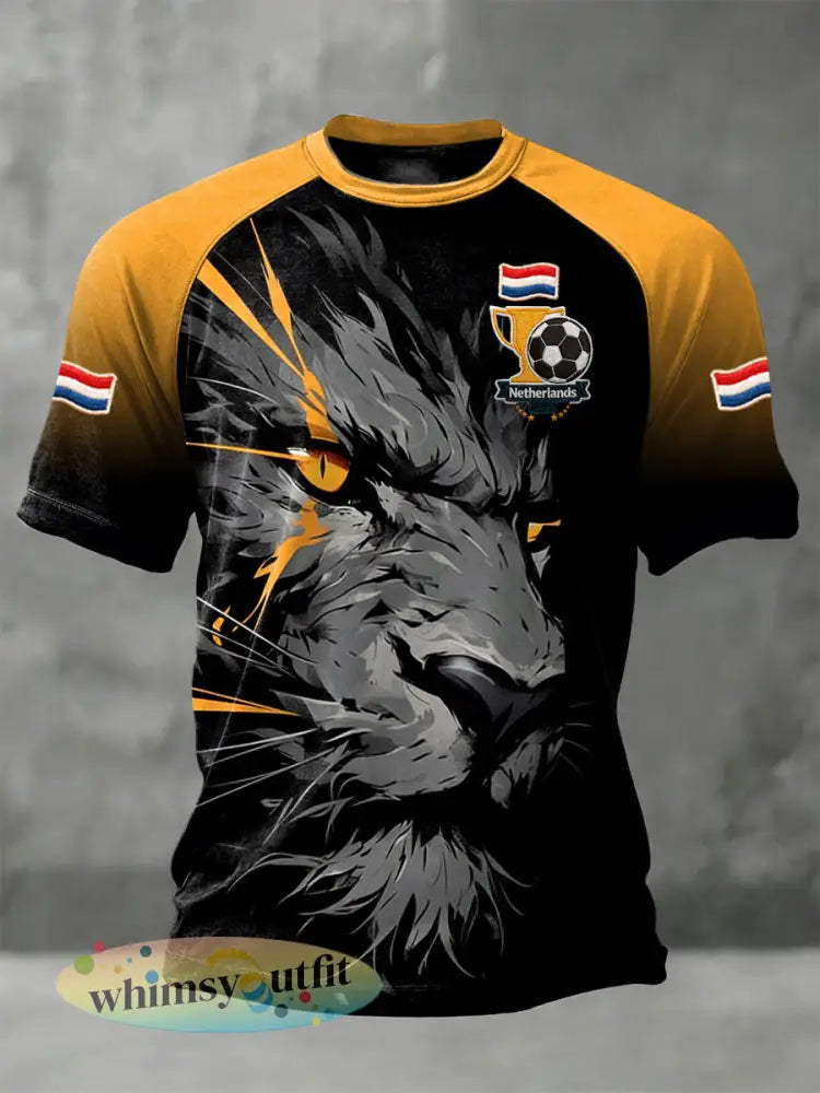 Heren Zwart Holland 2026 Voetbal Leeuw Print Cool Drop-Shoulder Jersey T-shirt - Zwart / S