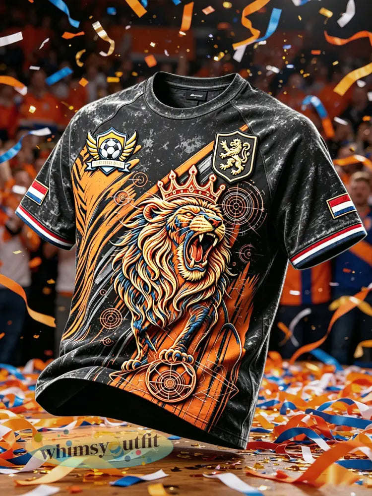 Heren zwart Nederlandse Voetbal Leeuw Print Casual T-shirt - Zwart / S