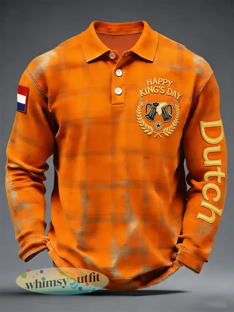 Herendag Nederlandse Koning Vintage geruite print casual poloshirt met lange mouwen - Sinaasappel / S
