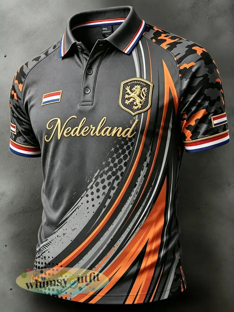 Herendiep grijs Nederlands voetbalprint casual poloshirt - Donkergrijs / S