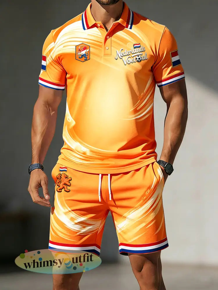Herengradiënt Nederlands Voetbalprint Casual Poloshirt en Shorts Set - Sinaasappel / S