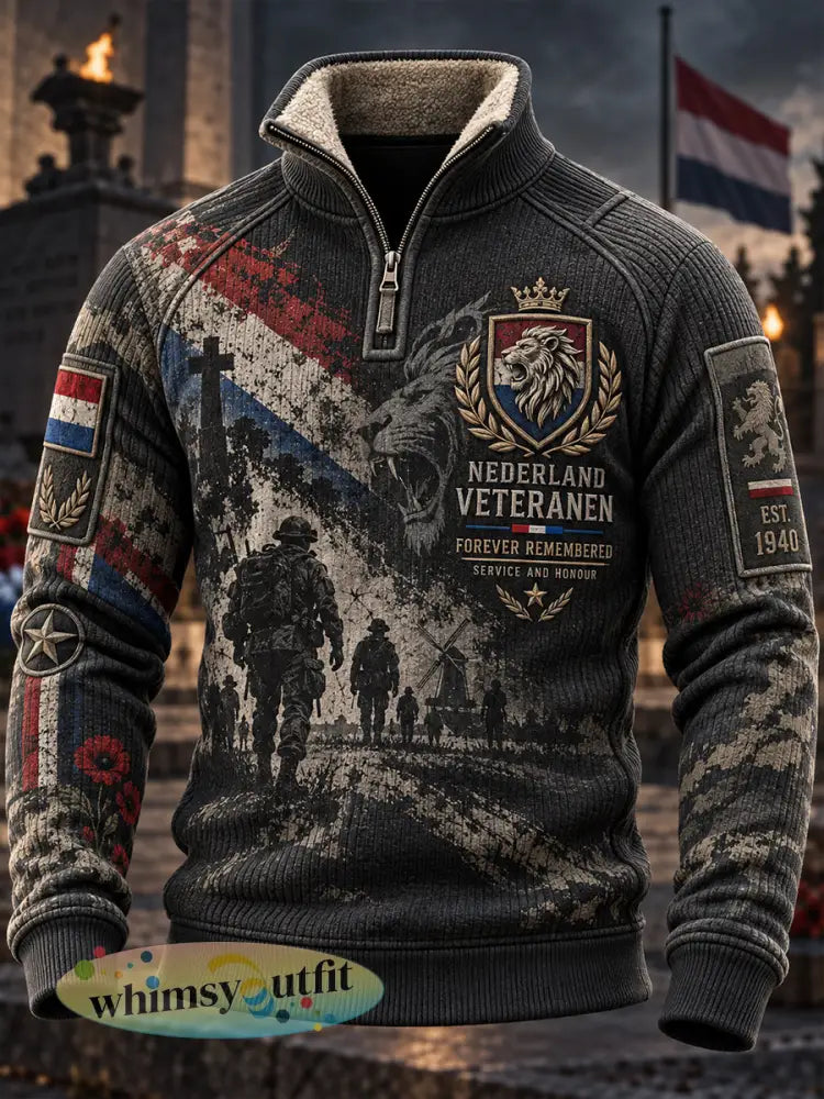 Herenhoodie met fleecevoering en hoge kraag voorzien van een print met veteraantema - A / S