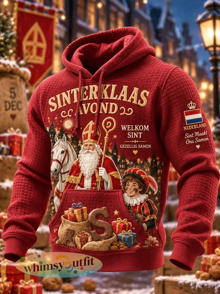 Herenhoodie met grafische print voor Sint Nicolaasdag gewafeld gebreid lange mouwen - A / S