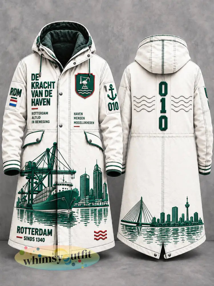 Herenjack met lange capuchon casual ecru met Rotterdam-stadprint - Wit / S