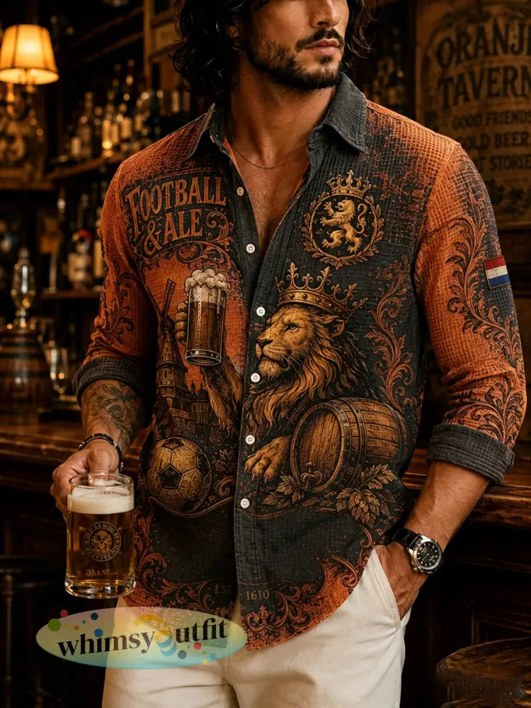 Herenjurk met leeuwenbierprint en wafelpatroon shirt met lange mouwen - A / S