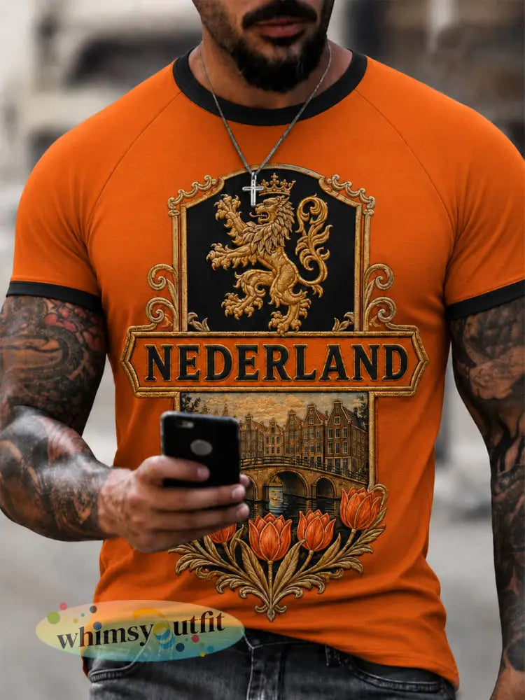 Herenkleding als cadeau voor voetbalfans: casual T-shirt met opdruk - Sinaasappel / S