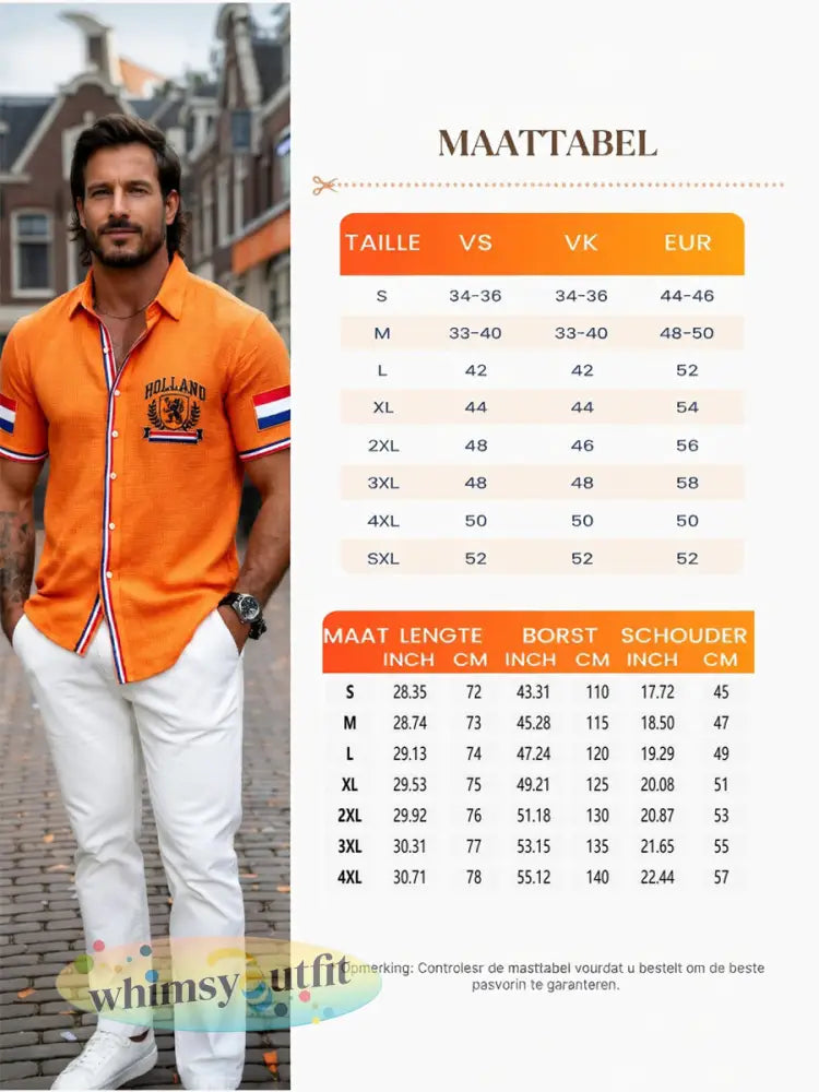 Herenoranje Hollandse vlagprint casual shirt met korte mouwen