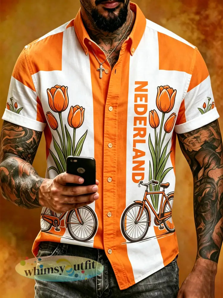 Herenoverhemd met korte mouwen en een borduurmotief geïnspireerd op etnische kunst - A / S