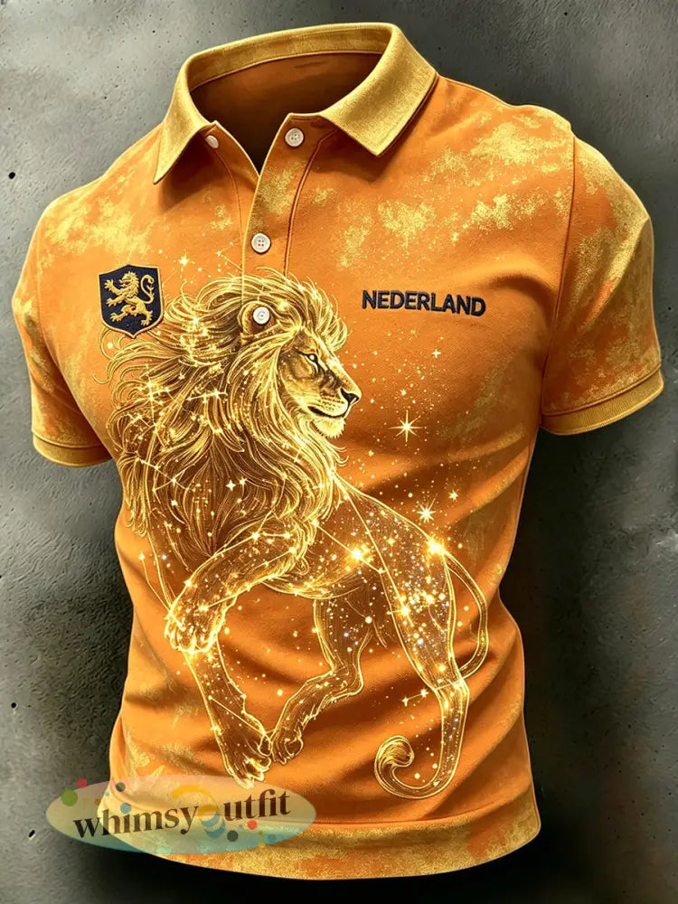 Herenpolo met artprint van een goudkleurige leeuw in verweerde stijl - A / S
