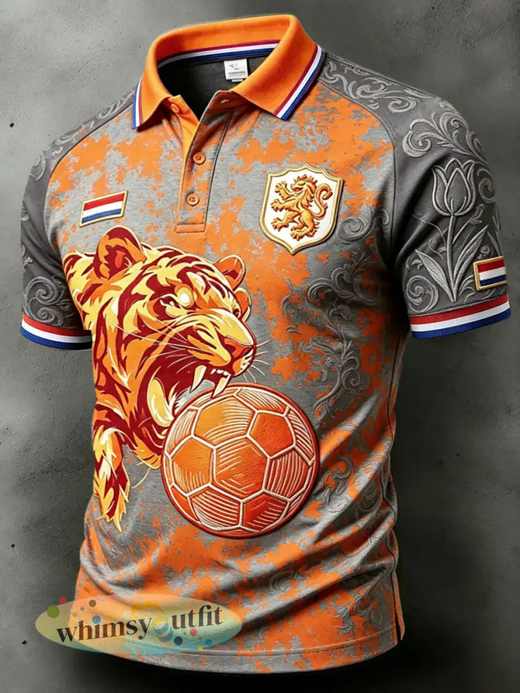 Herenpolo met casual retro tijgerprint in Nederlandse stijl - Sinaasappel / S