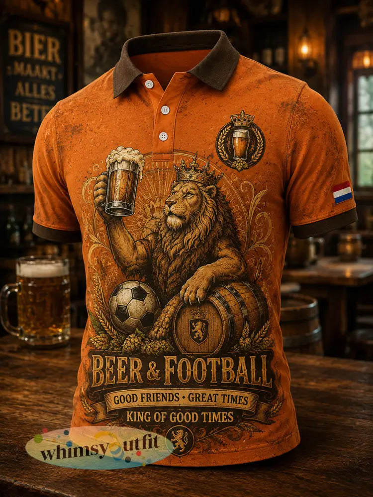 Herenpolo met korte mouwen en retroafbeelding van een leeuw in een taverne - A / S