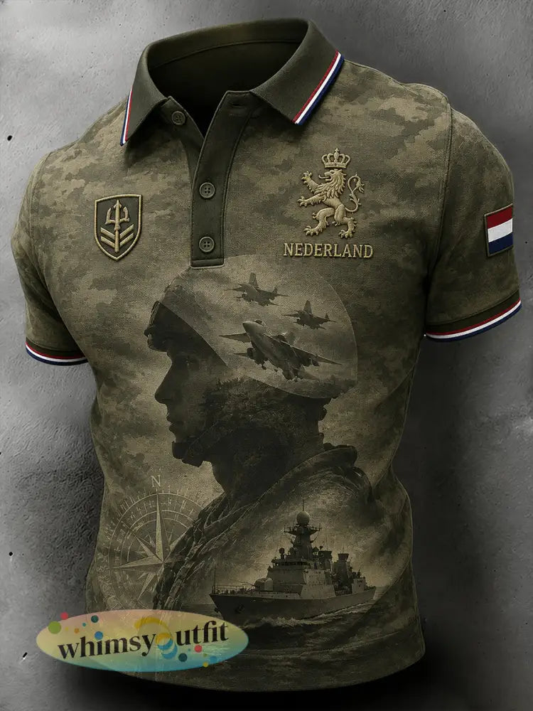 Herenpolo met korte mouwen in retrocamouflagestijl en militair motief - A / S