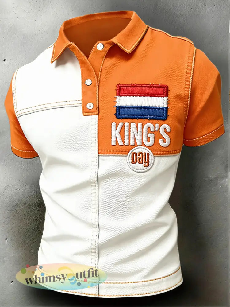 Herenpolo met patchworkprint voor Koningsdag casual - Oranje wit / S