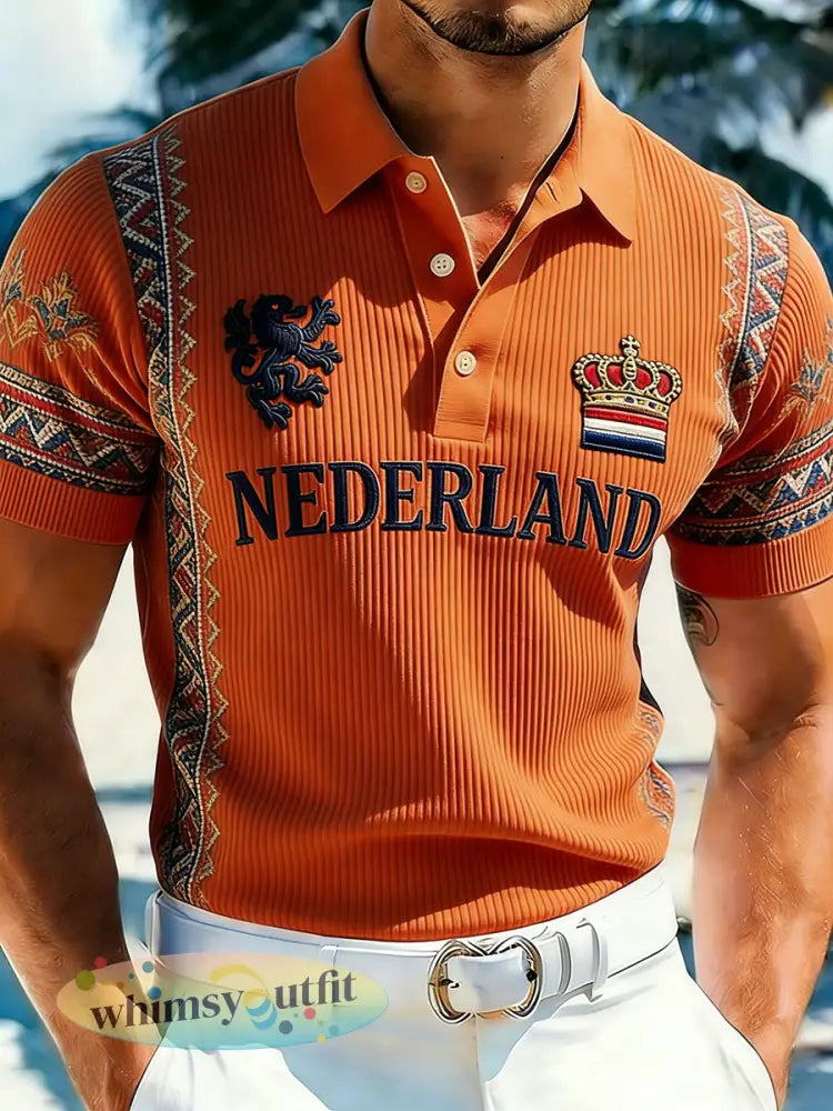 Herenpolo met ribgebreide stof en Koningsdagprint - A / S