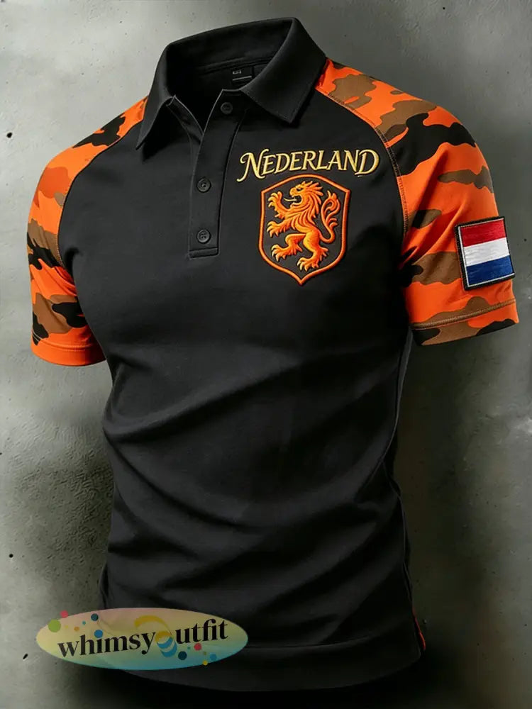Herenpolo met verweerd camouflagepatroon leeuwenprint en raglanmouwen - A / S