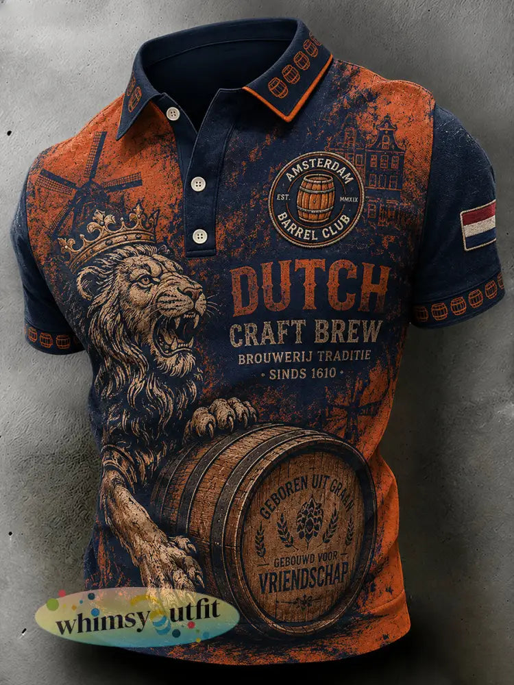 Herenpoloshirt in retrostijl met korte mouwen en print van een leeuw en bier - A / S