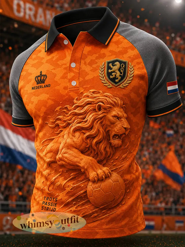 Herenpoloshirt met korte mouwen en print van een leeuw en voetbal - A / S