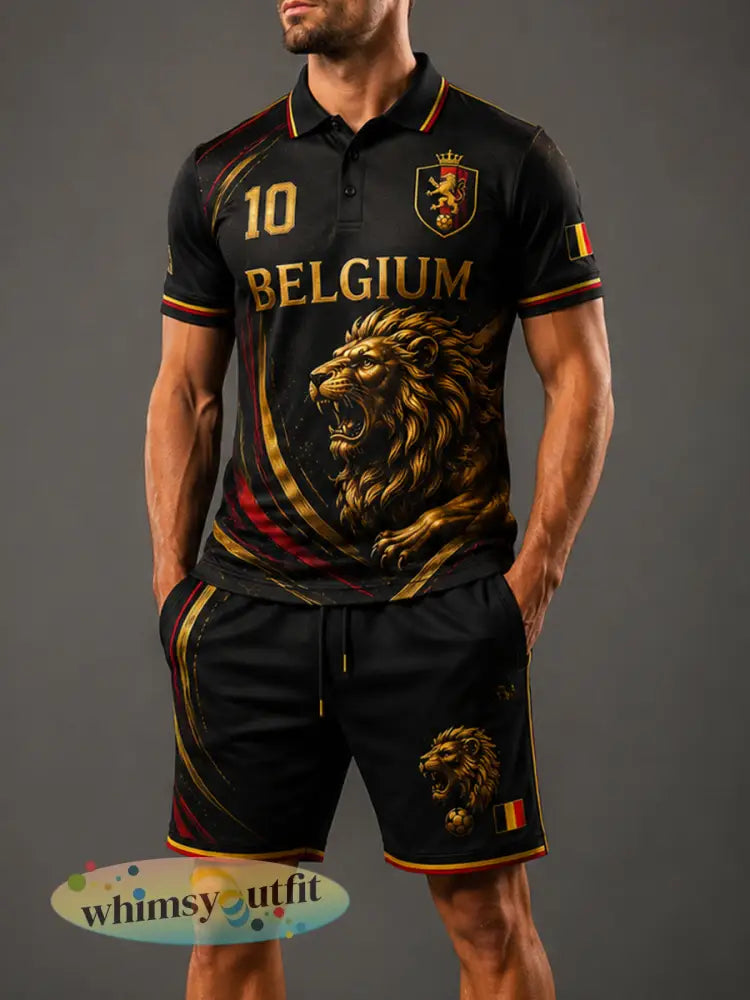 Herenpoloshirtenset met korte mouwen en print met leeuw- en voetbalthema - A / S