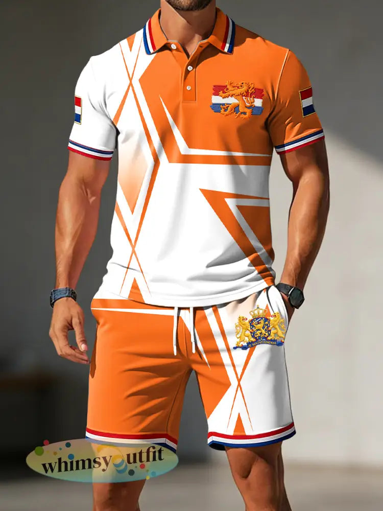 Herenretro Koningsdag-verloop geometrisch casual poloshortsenset - Sinaasappel / S
