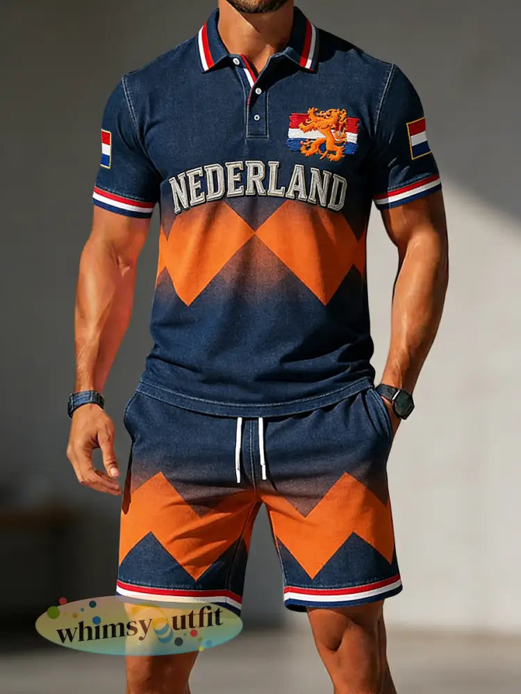 Herenretro poloshirt en korte broekset met geometrisch motief voor Koningsdag casual style - Veelkleurig / S