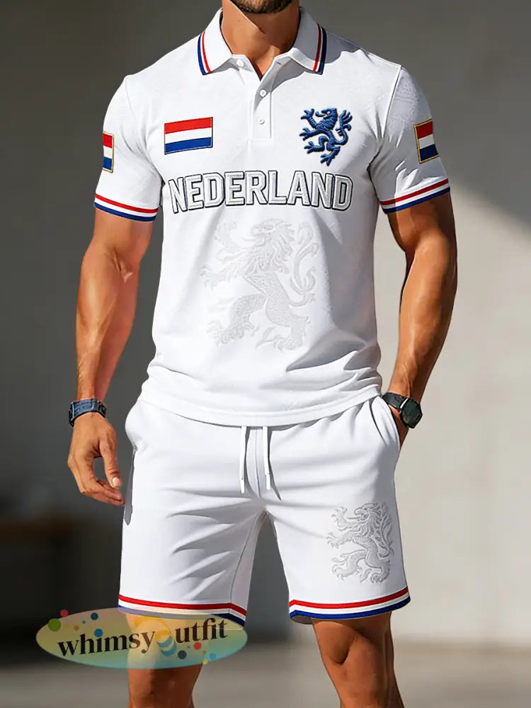 Herenretro poloshirt en korte broekset voor Koningsdag casual stylereeks for men on King’s Day retro style