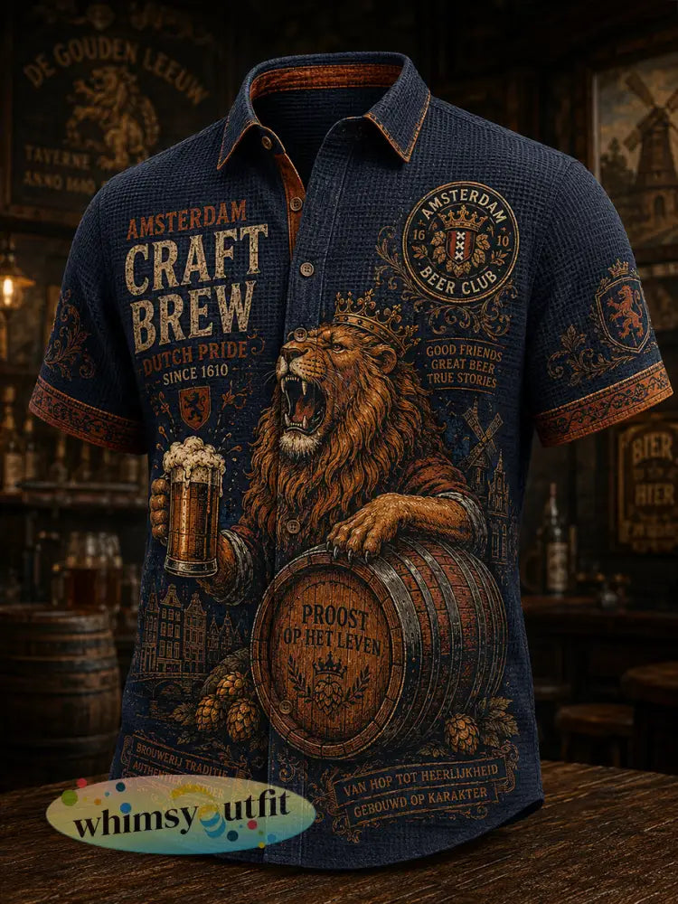 Herenretro wafeloverhemd met leeuwen- en taverneprint en korte mouwen - A / S