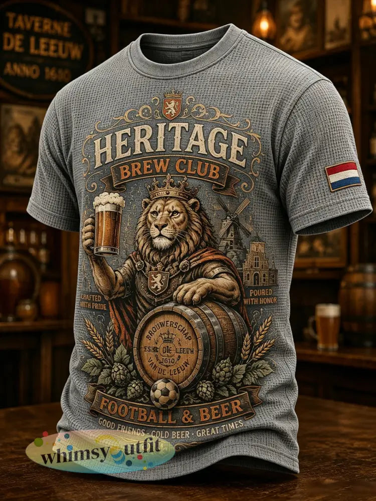 Herenretro wafeltop met leeuwen- en taverneprint en korte mouwen - A / S