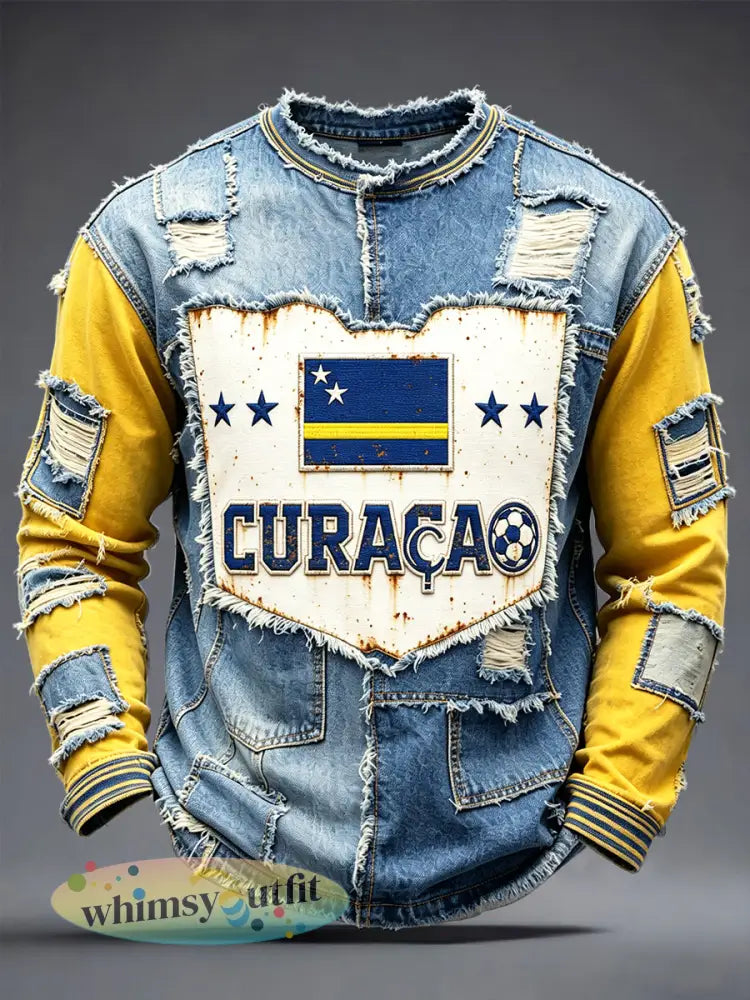 Herenshirt uit Curaçao in vintage denim met patchworkprint casual en langmouwig - Blauw / S
