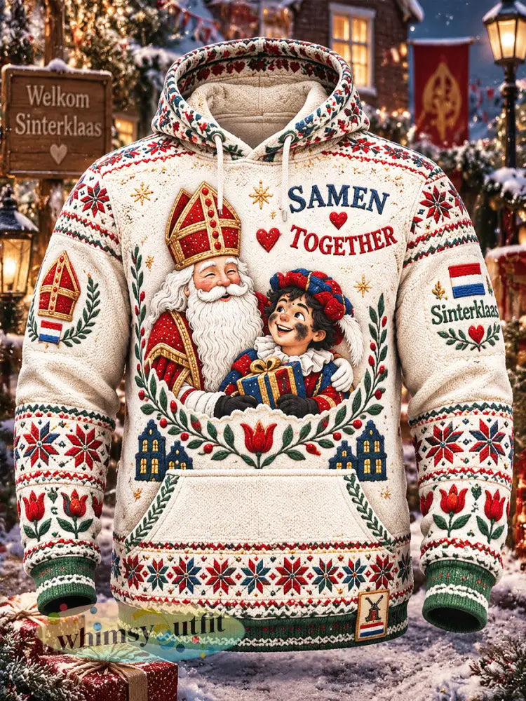 Herensweatshirt met capuchon beige met print van Sinterklaas en Zwarte Piet casual stijl - Beige / S