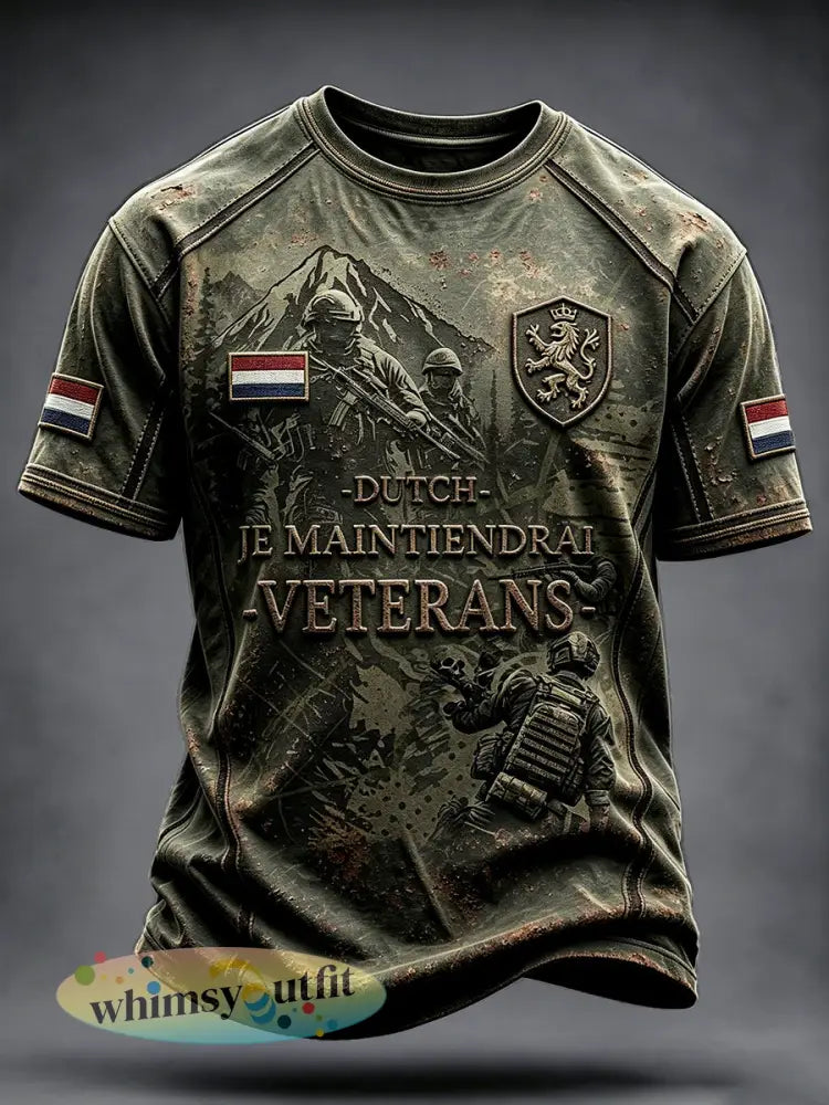 Herenvintage Army Groen Nederlands Veteraan Patchwork Print Casual T-shirt - Groene Leger / S